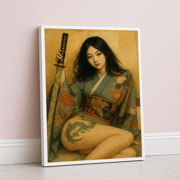Captivating Samurai Woman With Dragon Tattoo Canvas Wall Art