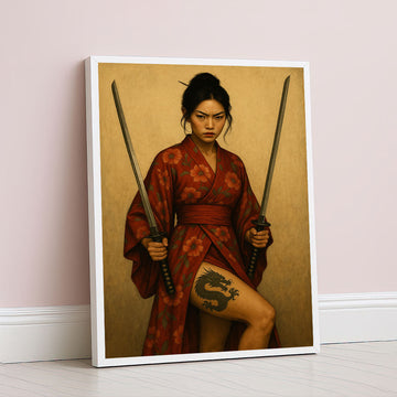 Fierce Samurai Woman With Dragon Tattoo Canvas Wall Art