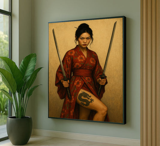 Fierce Samurai Woman With Dragon Tattoo Canvas Wall Art