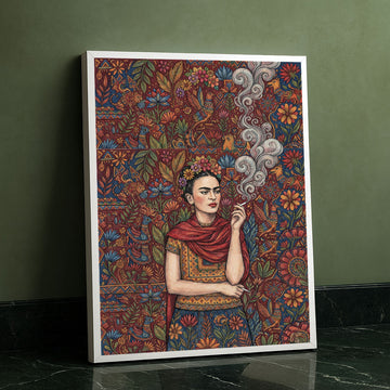 Enchanting Woman In Floral Pattern Smoking Canvas Wall Art