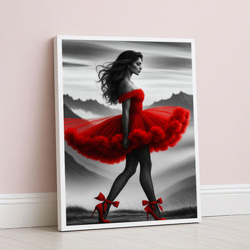 Striking Woman In Red Dress Against Mountain Canvas Wall Art