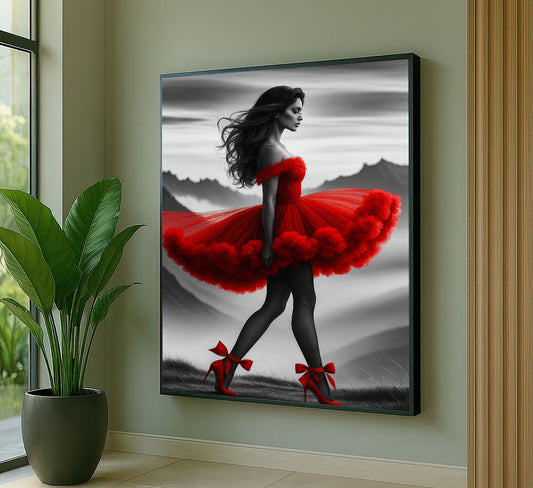 Striking Woman In Red Dress Against Mountain Canvas Wall Art