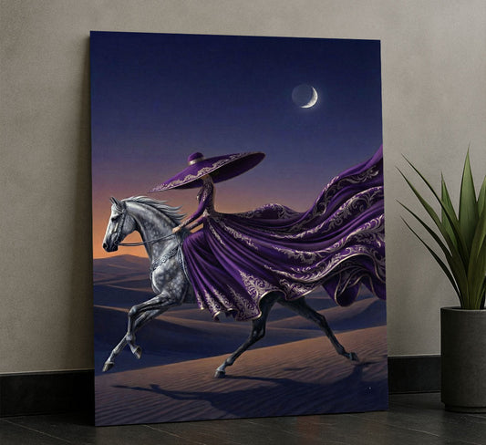 Mystical Woman In Flowing Purple Gown On Horse Canvas Wall Art