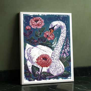 Graceful White Swan Among Vibrant Flowers Canvas Wall Art