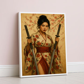 Enchanting Samurai Woman With Floral Kimono Canvas Wall Art