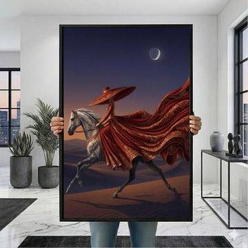 Majestic Woman In Flowing Red Dress Riding Horse Canvas Wall Art
