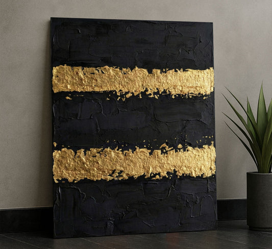 Bold Black And Gold Textured Stripes Canvas Wall Art