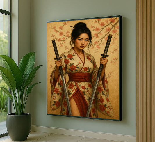 Enchanting Samurai Woman With Floral Kimono Canvas Wall Art