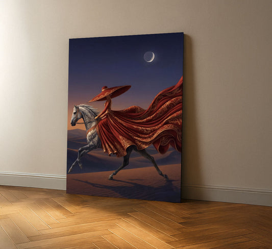 Majestic Woman In Flowing Red Dress Riding Horse Canvas Wall Art