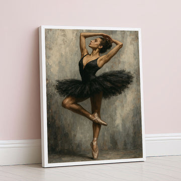 Elegant Black Ballerina In Graceful Pose Canvas Wall Art