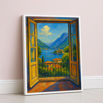 Vibrant Lake View Through Open Window Canvas Wall Art