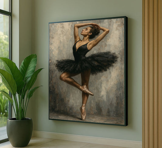Elegant Black Ballerina In Graceful Pose Canvas Wall Art