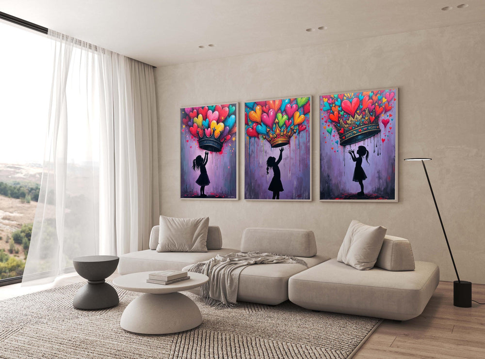 Banksy Girl with Crown of Hearts Canvas Art: Abstract Silhouette Painting