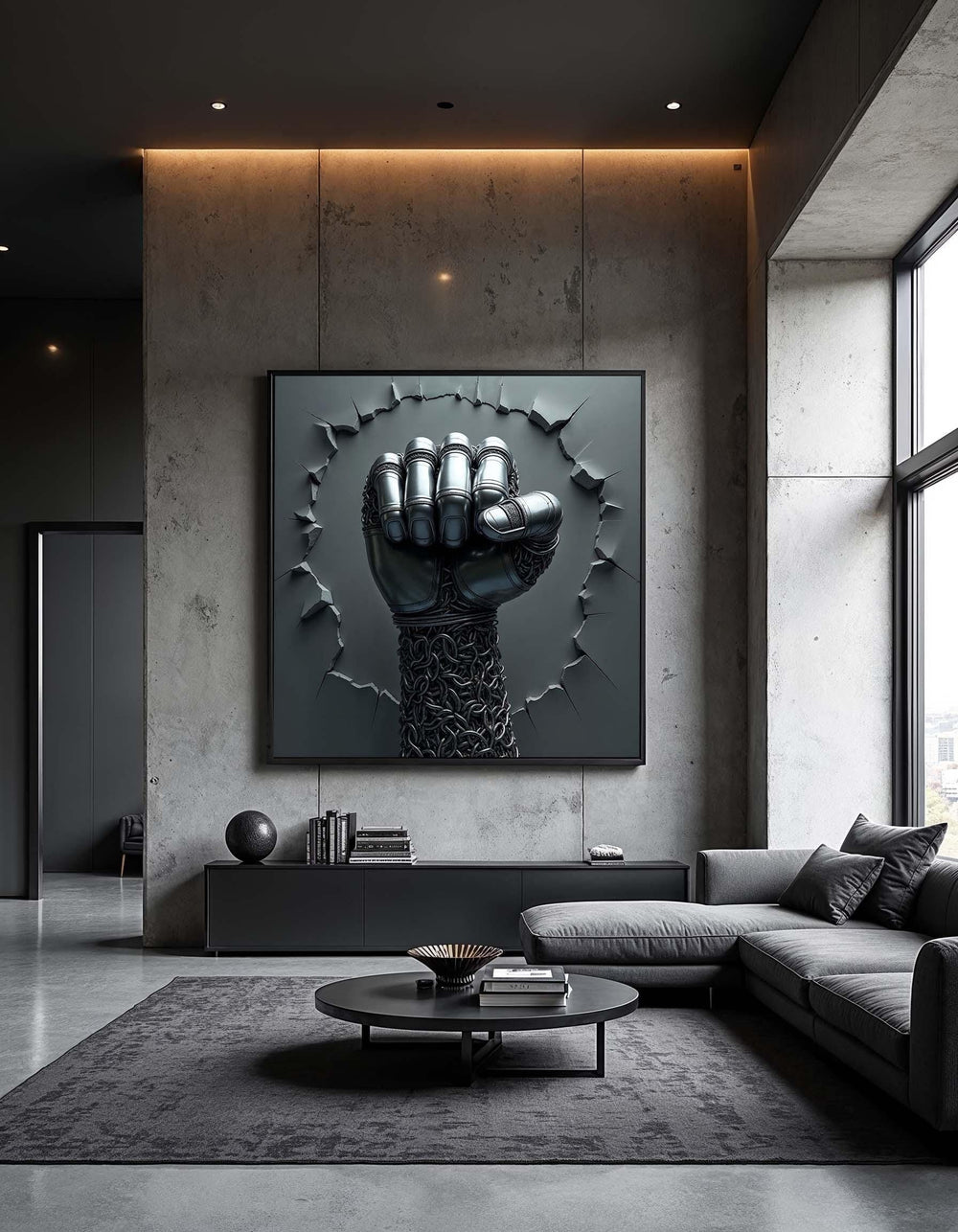 3D Silver Fist Canvas Art: Futuristic Extra Large Wall Decor