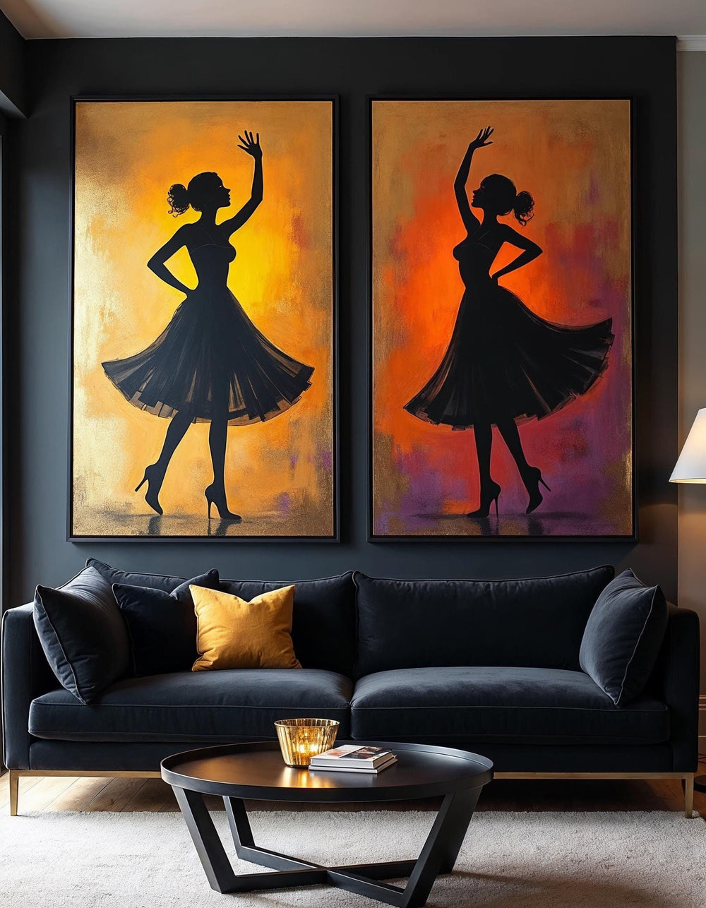 Ballet Dancer Silhouette Canvas Art: Sunset Orange and Black