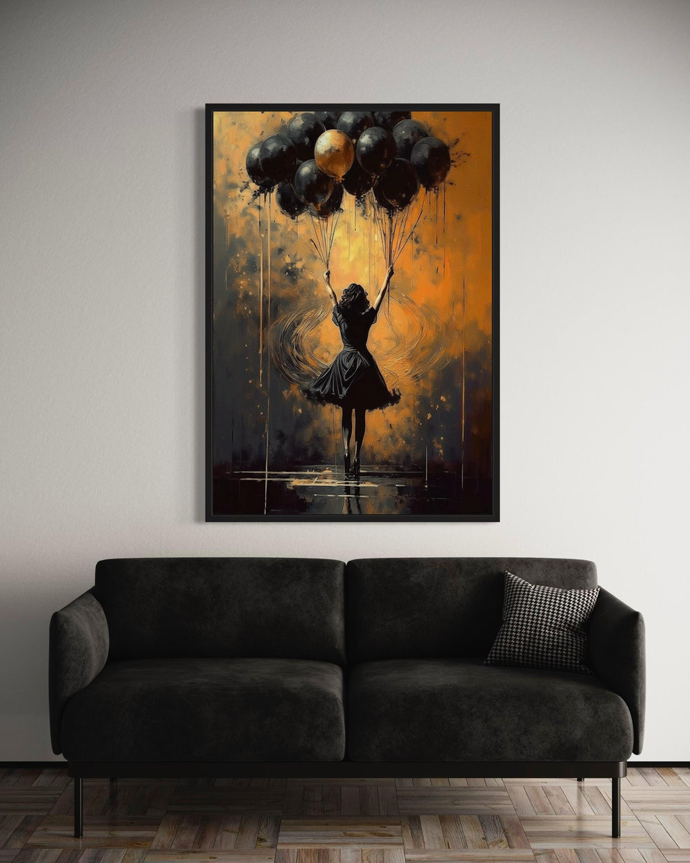 Silhouette Girl with Balloons Canvas Art: Abstract Gold Home Decor
