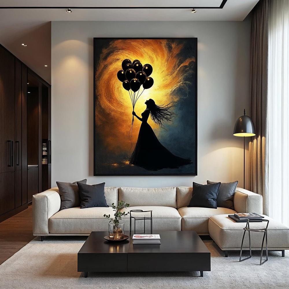 Golden Balloon Dance Canvas Print: Abstract Woman Art, Luxury Wall Decor