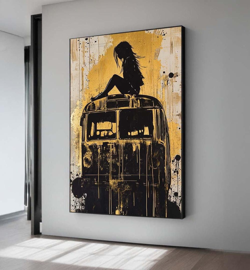 Golden Girl on Bus Canvas: Urban Black and Gold Wall Art
