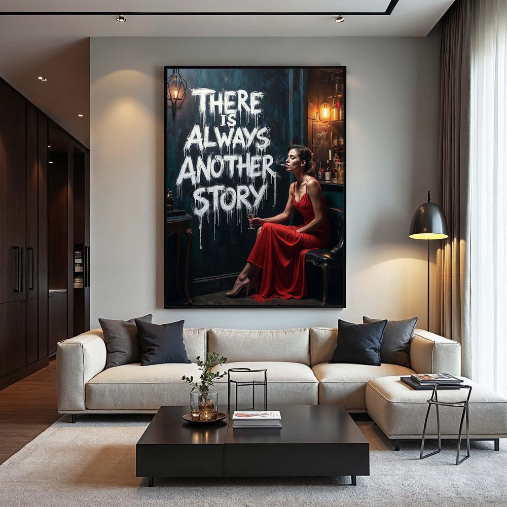 Woman in Red Canvas Print: Moody Bar Scene, Inspirational Quote Art