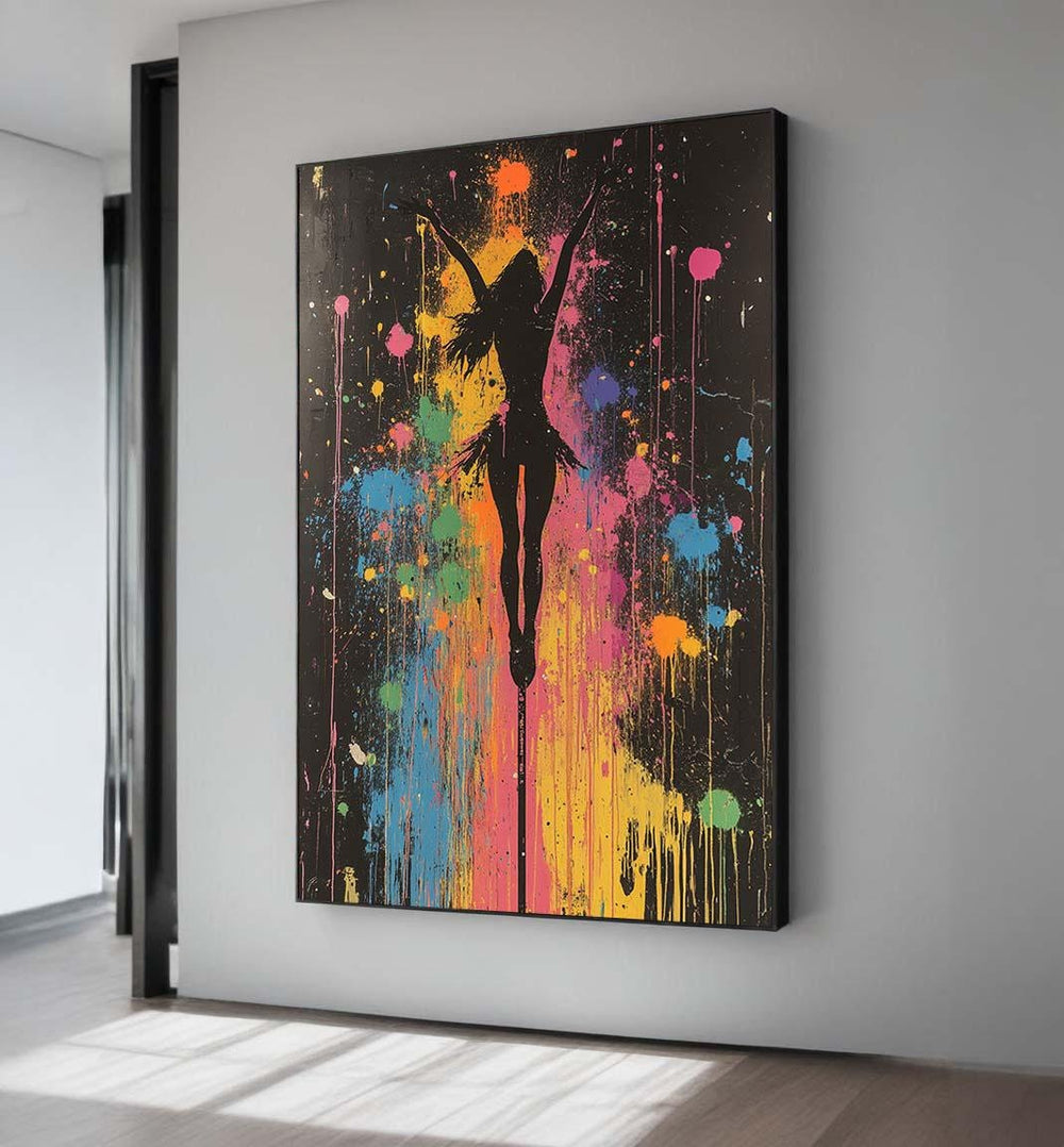 Neon Splatter Pole Dancer Canvas Art: Erotic Silhouette Decor