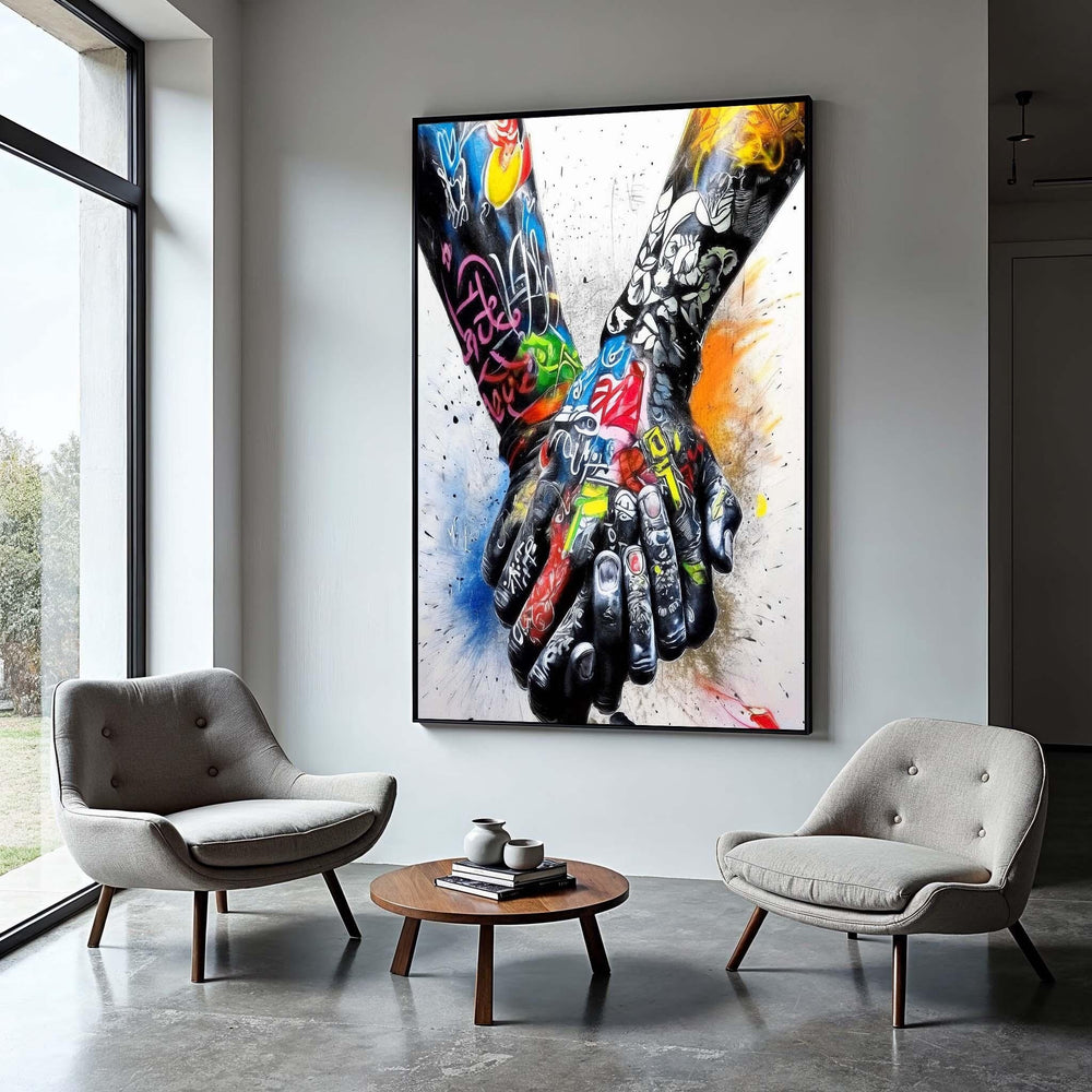 Graffiti Holding Hands Canvas Art: Colorful Street Art Print