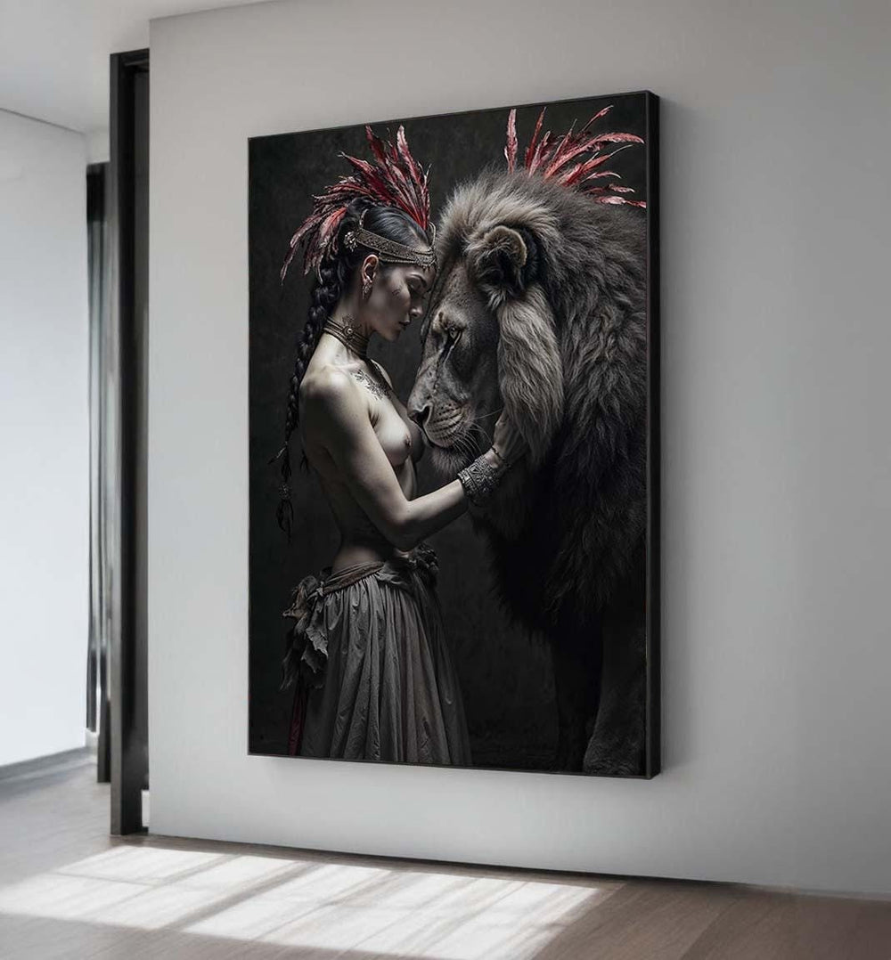 Woman and Lion Canvas Art: Erotic Fantasy Wall Decor