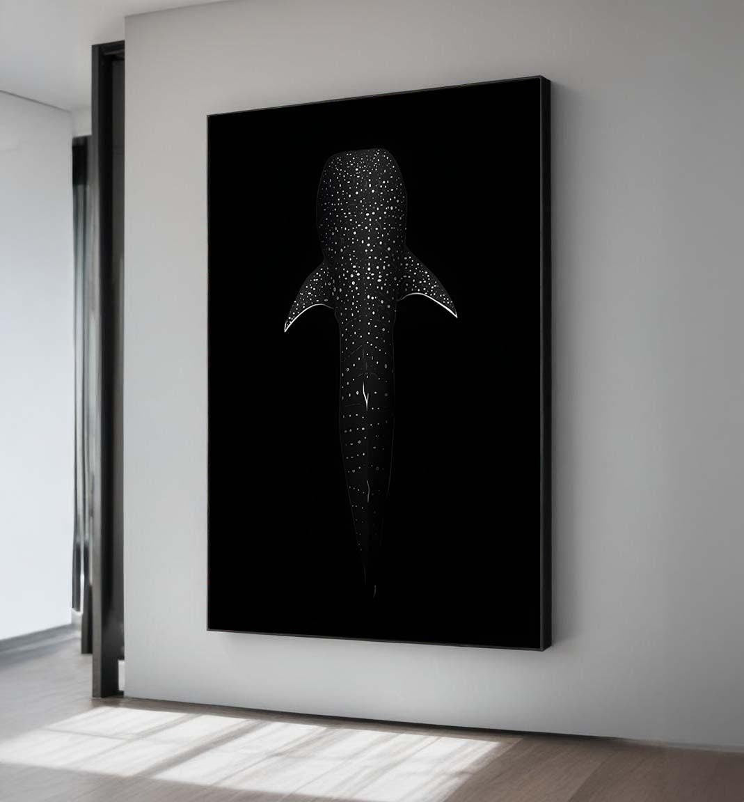 Whale Shark Silhouette Canvas Art: Black and White Marine Life Decor