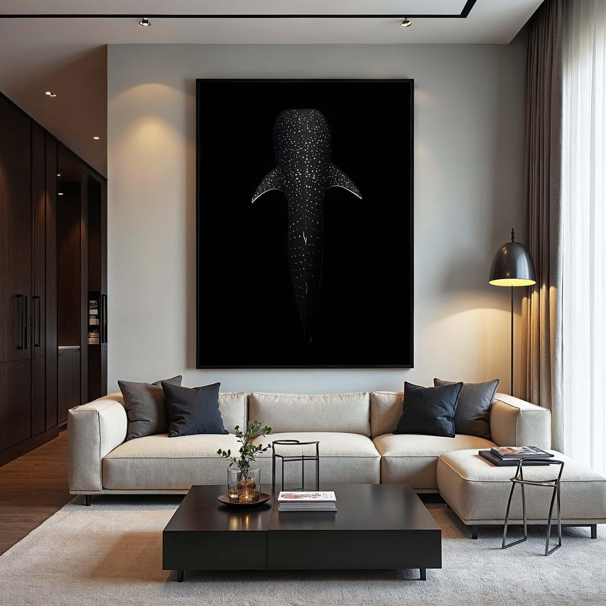 Whale Shark Silhouette Canvas Art: Black and White Marine Life Decor
