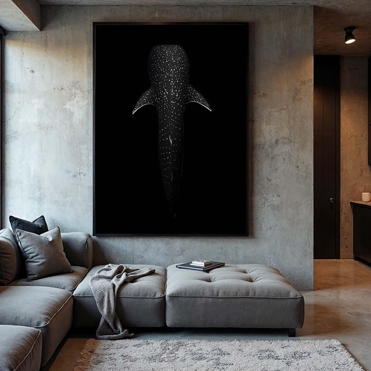 Whale Shark Silhouette Canvas Art: Black and White Marine Life Decor