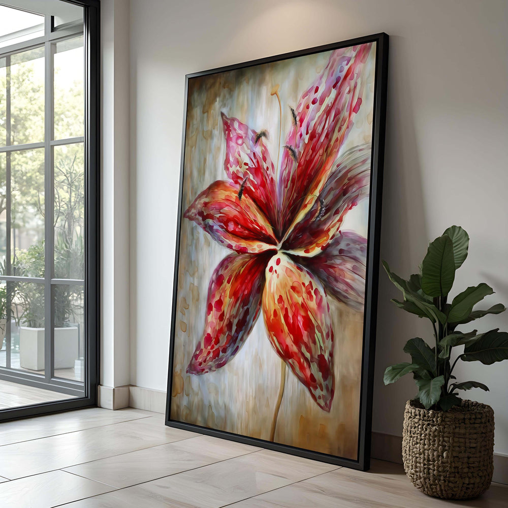 Red Lily Flower Canvas: Abstract Botanical Wall Art
