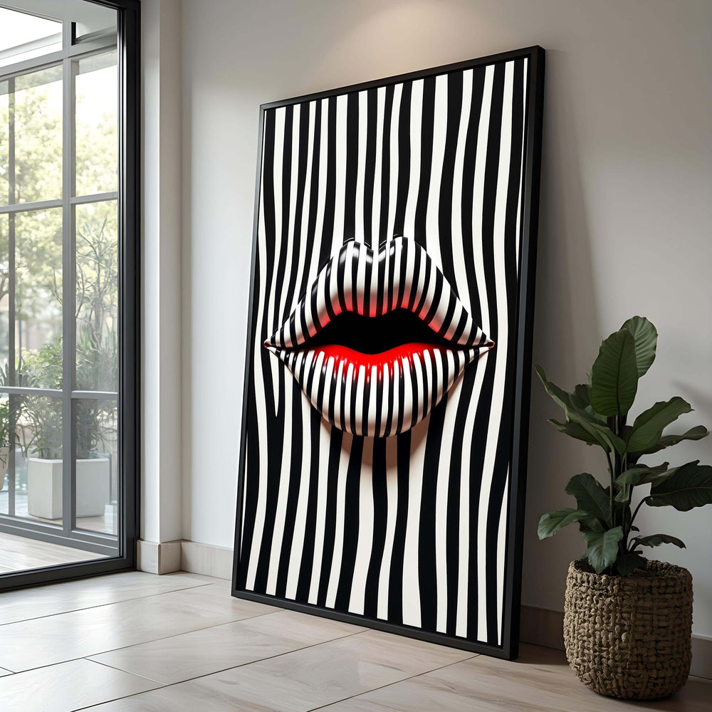 Abstract Lips Pop Art Canvas – Striped Wall Decor, Modern Print