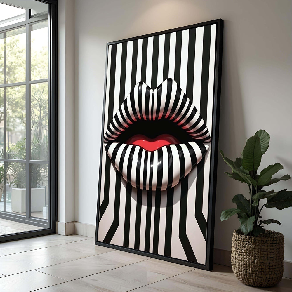 Abstract Lips Pop Art Canvas: Black and White Striped Wall Decor