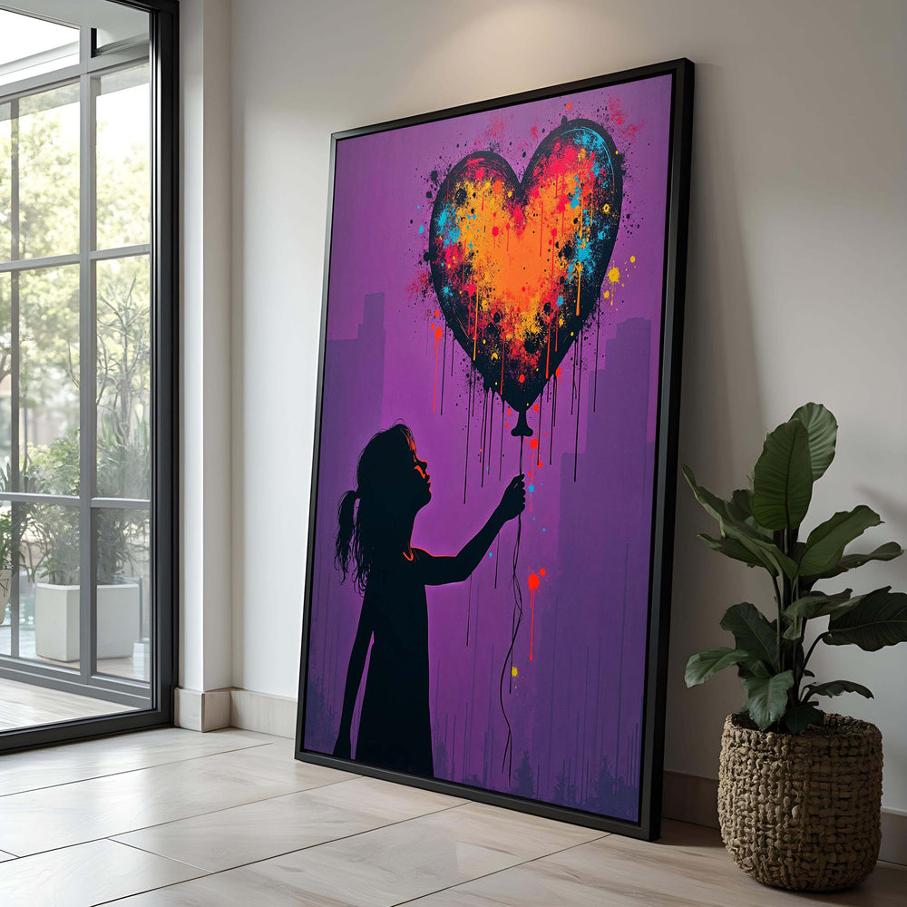 Girl with Heart Balloon Canvas Print: Vibrant Graffiti Street Art