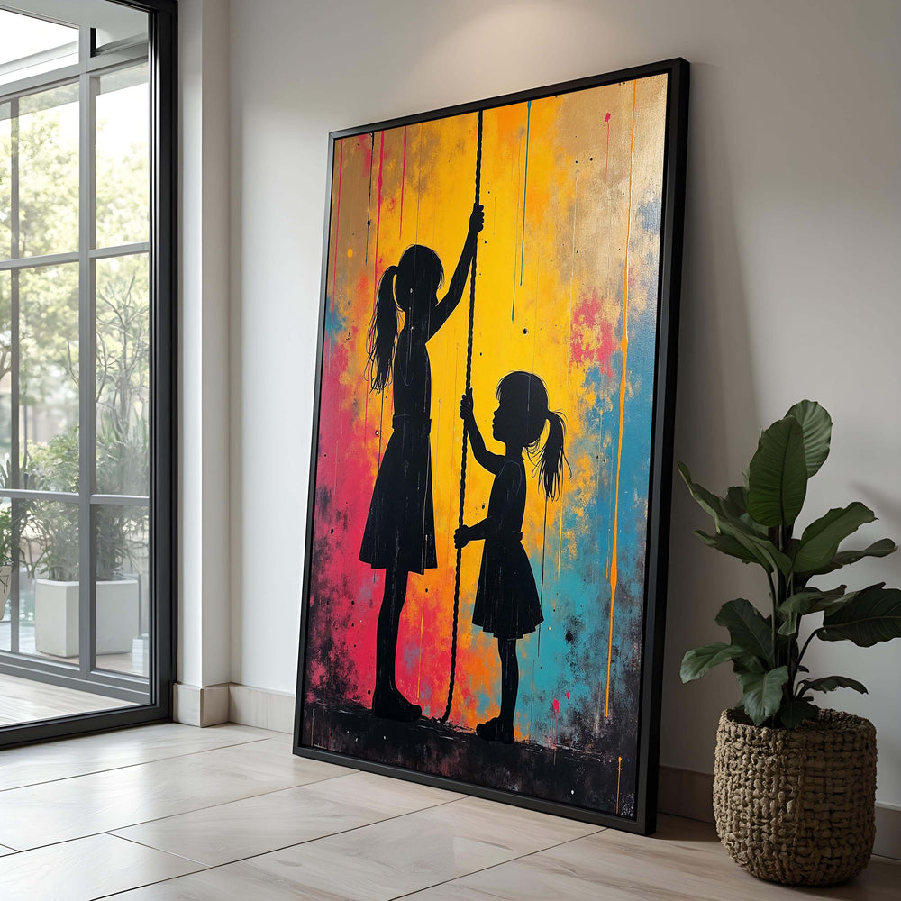 Sisters Graffiti Art Print: Colorful Silhouette Canvas Wall Art
