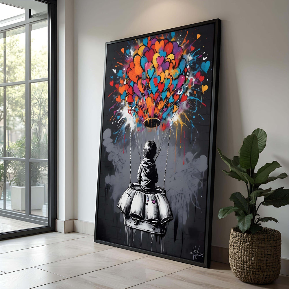 Heart Balloon Graffiti Art Print: Whimsical Urban Canvas
