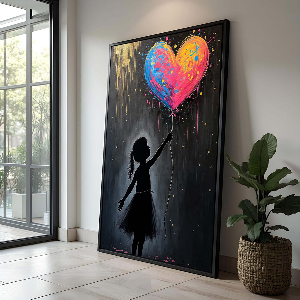 Colorful Heart Balloon Canvas Print: Whimsical Girl Silhouette Wall Decor