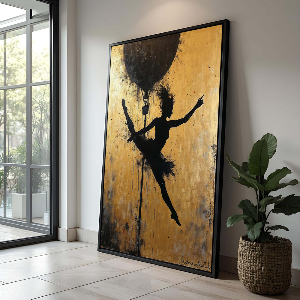 Ballerina Canvas Print: Black and Gold Dance Art with Hot Air Balloon