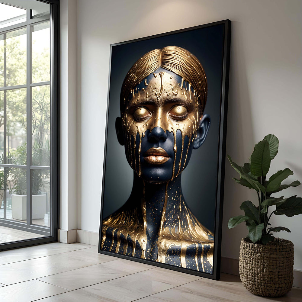 Gold and Black Abstract Face Art: Modern Metallic Portrait Canvas Print