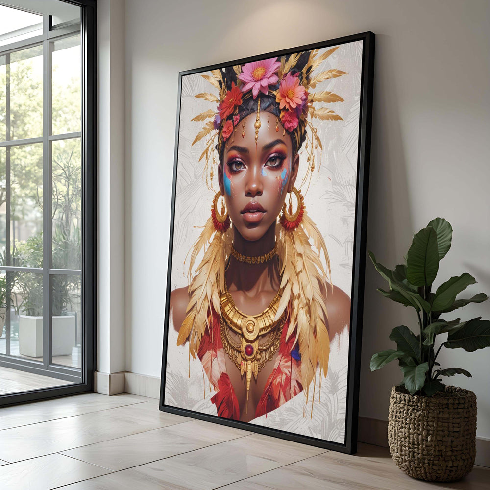 Regal Tribal Goddess Canvas Art: African-Inspired Boho Portrait