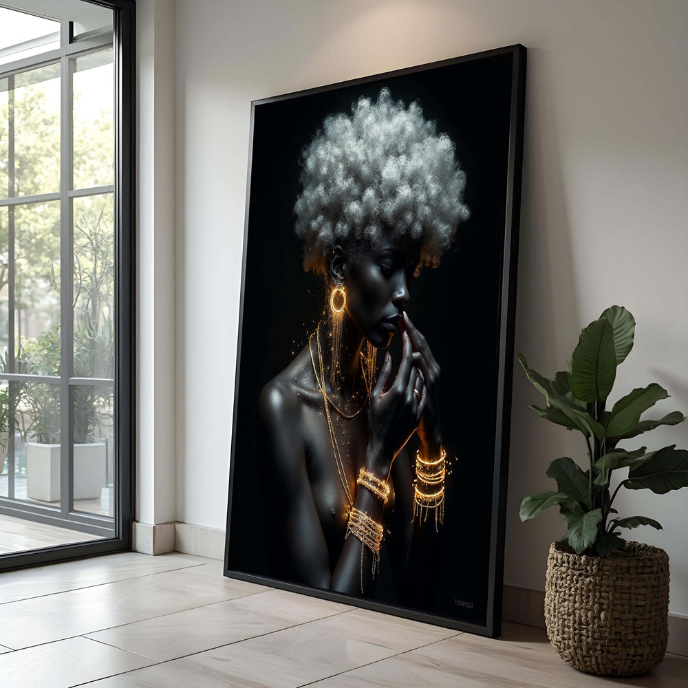 Black Woman Art Print: Afro Glamour, Golden Jewelry Canvas