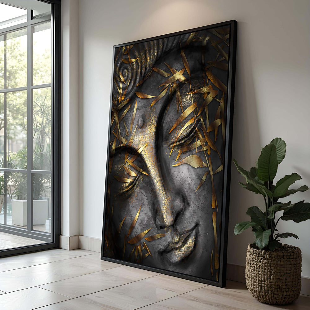 Gold Leaf Buddha Face Canvas Art: Zen Meditation Decor