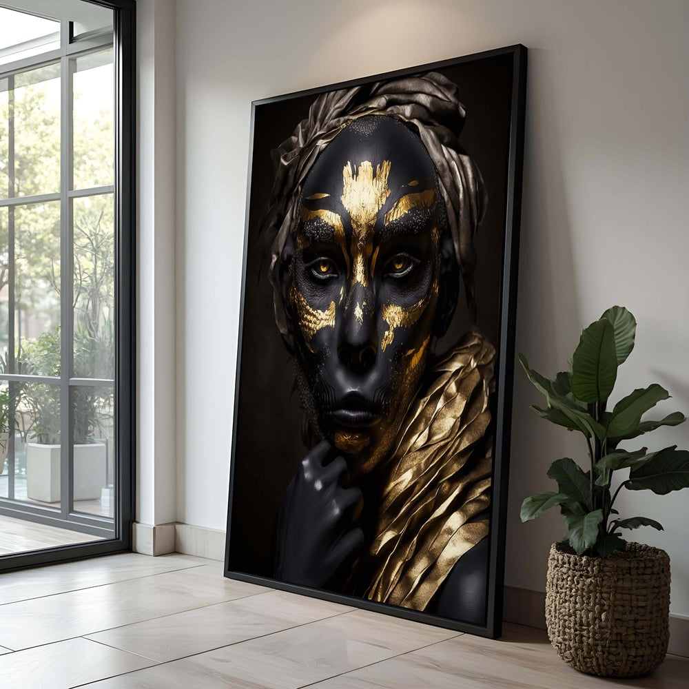 Black and Gold Woman Portrait: Glamour Abstract Canvas Art