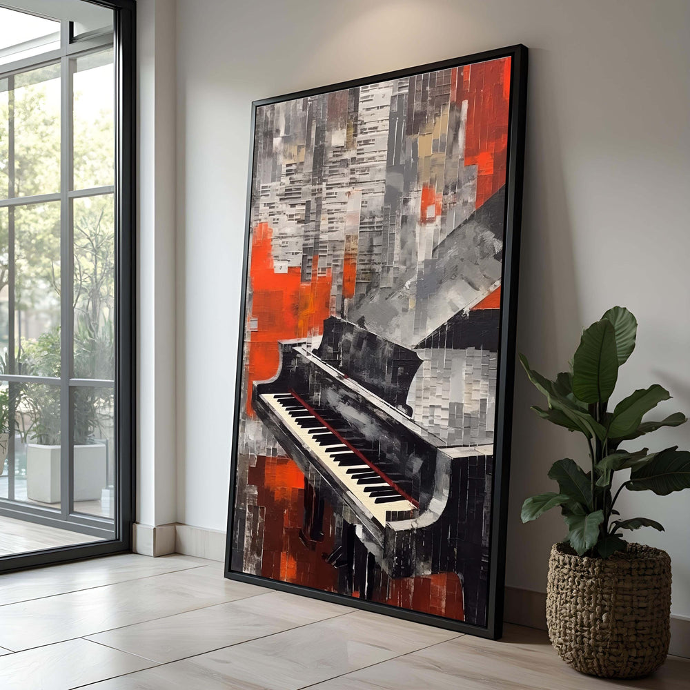 Abstract Grand Piano Canvas Art: Modern Black, White & Red Music Decor