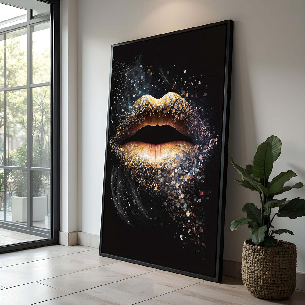 Gold Glitter Lips Canvas Art: Modern Glam Sparkle Print