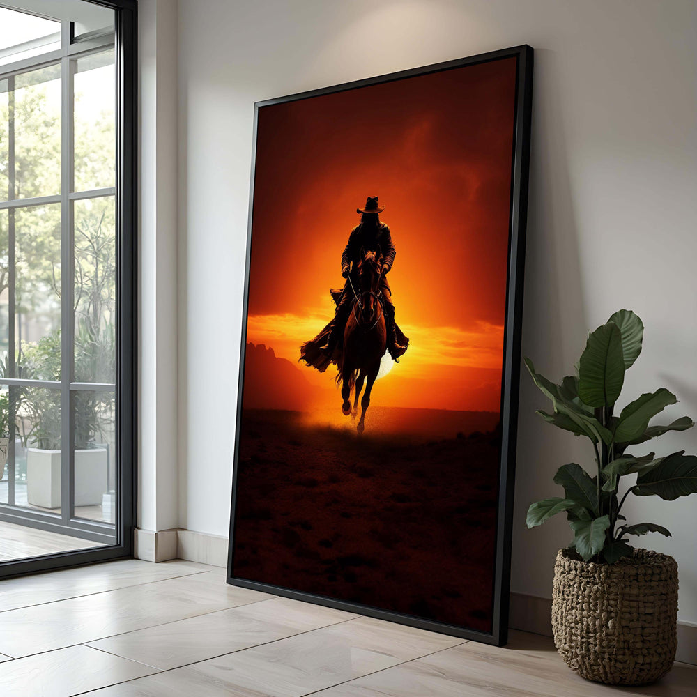 Cowboy Sunset Canvas Print: Lone Rider Silhouette, Rustic Western Decor