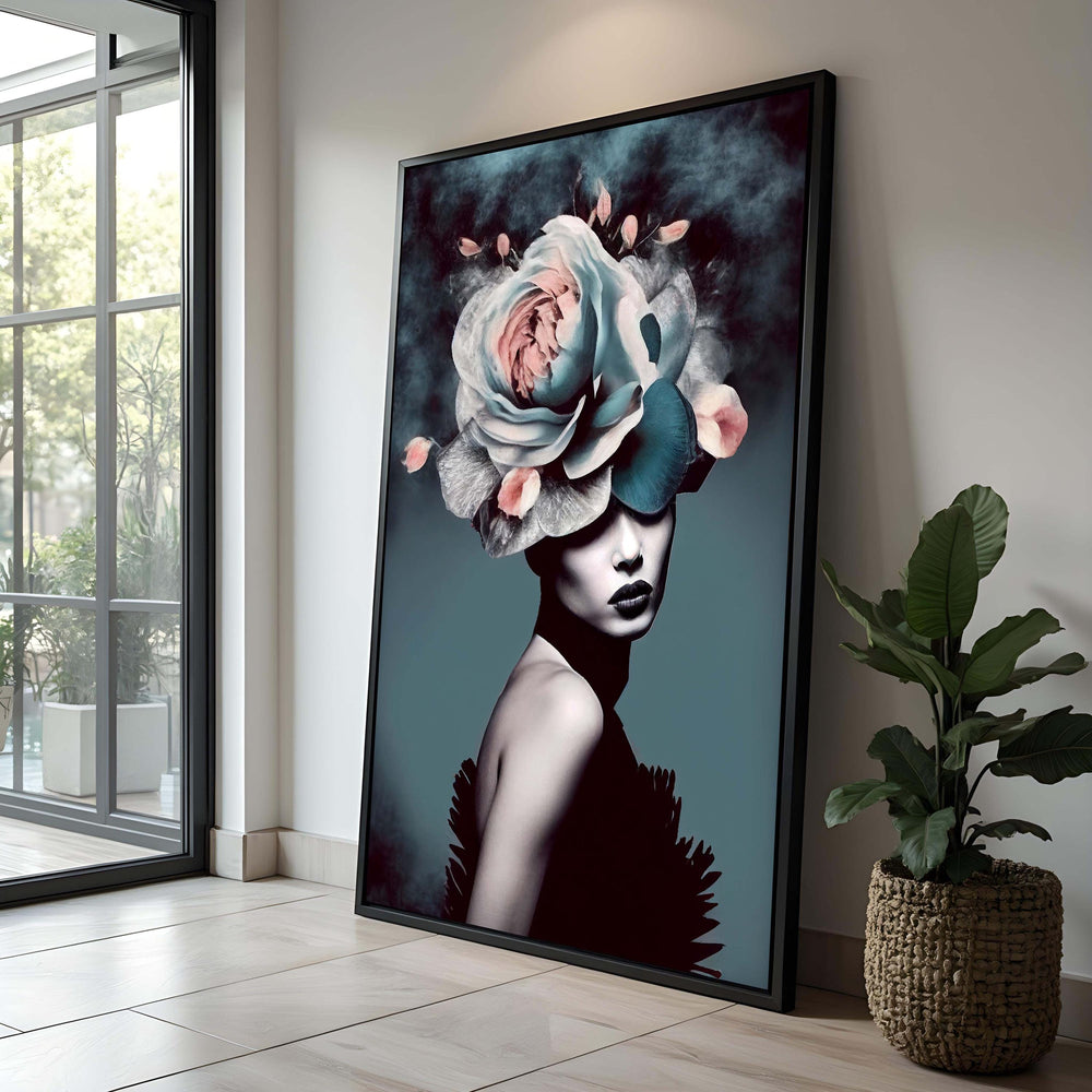Floral Woman Portrait Art: Surreal Flower Hat Canvas Print