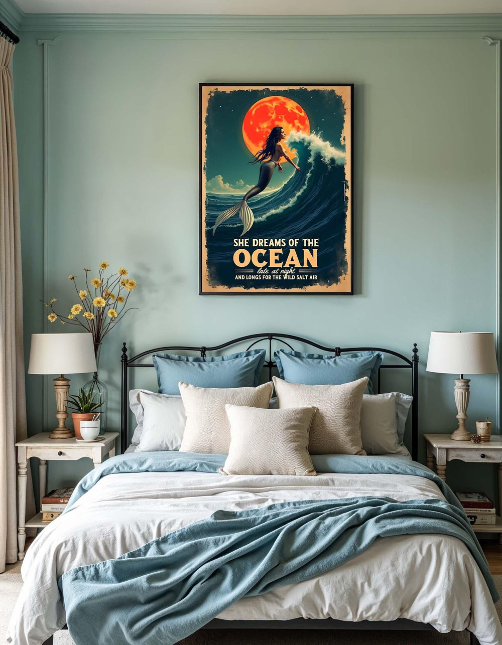 Vintage Mermaid Art Print: Full Moon Ocean Canvas Wall Decor