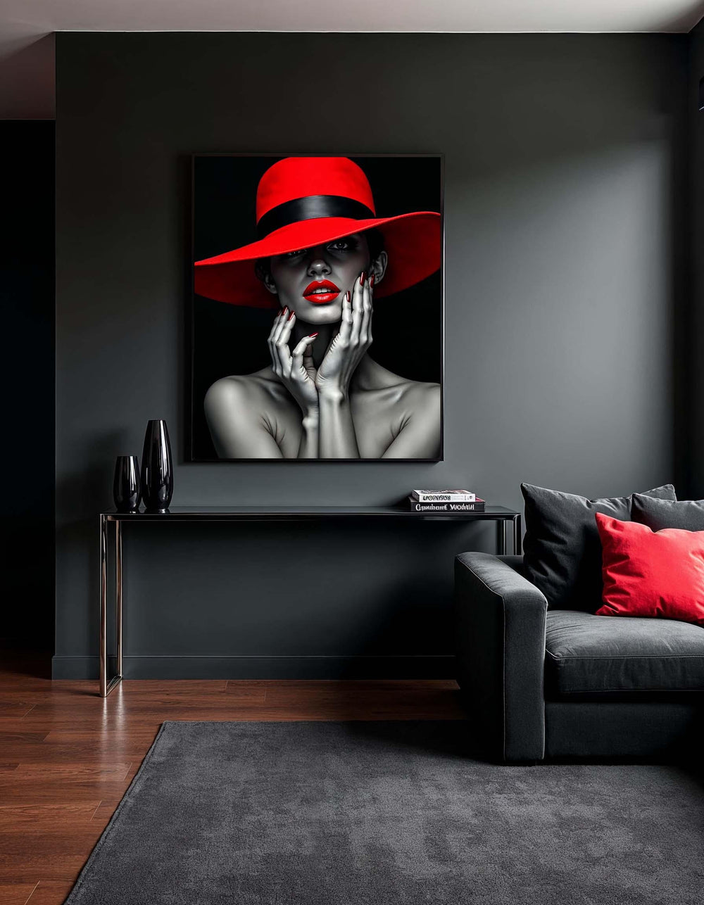 Red Hat Woman Canvas Art: Elegant Fashion Portrait, Ready to Hang