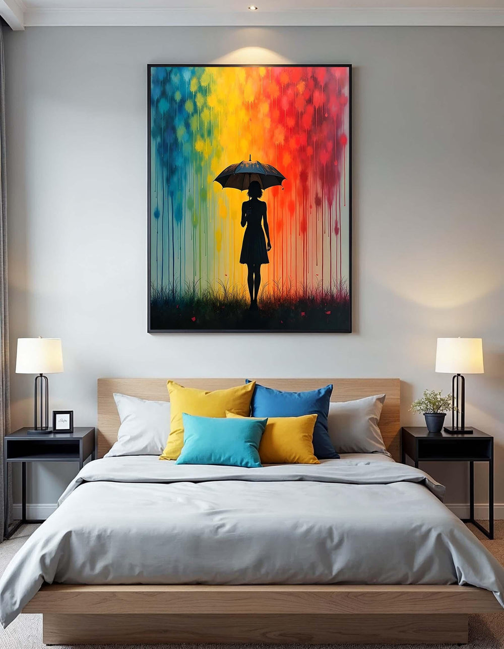 Colorful Rain Canvas Art: Woman with Umbrella, Abstract Drip Painting