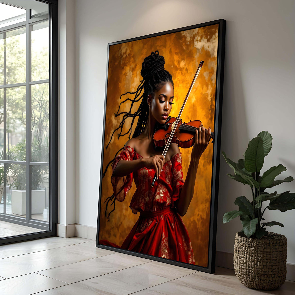 Violinist in Red Dress Canvas Art Print: Elegant Musician Portrait